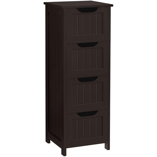 Yaheetech Bathroom Storage Cabinet, 12" W Slim 4-Drawer Design, Espresso | Narrow Freestanding Organizer for Small Spaces, Beside Toilet or Vanity, Beadboard Tower, 32.5"H, P2 MDF, Water-resistant - color: Espresso