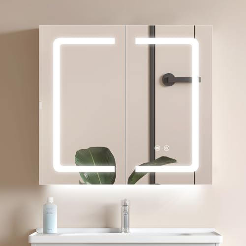 Black Bathroom Mirror Medicine Cabinets with LED Lights, Wall Mounted Mirror Medicine Cabinet with Adustable Shelf, Shaver Socket and Plug, 2 Doors, Anti Fog, Dimmable, Memory Function, 25.5 x 24 inch