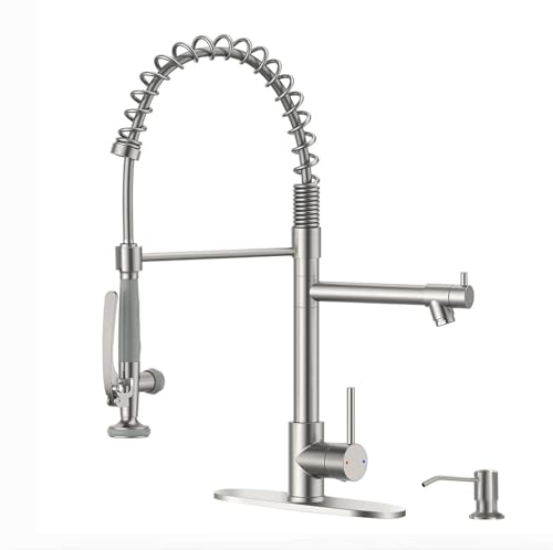 Fapully 4 Hole Kitchen Sink Faucet with Soap Dispenser Brushed Nickel | Commercial Grade High Pressure Kitchen Faucets,SuS Stainless Steel, Single Handle Design, High Arc, 360° Swivel - color: Brushed Nickel, style: Contemporary