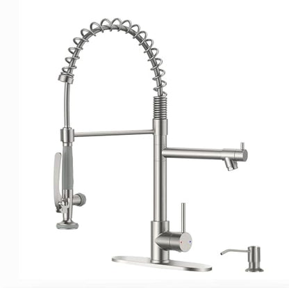 Fapully 4 Hole Kitchen Sink Faucet with Soap Dispenser Brushed Nickel | Commercial Grade High Pressure Kitchen Faucets,SuS Stainless Steel, Single Handle Design, High Arc, 360° Swivel - color: Brushed Nickel, style: Contemporary