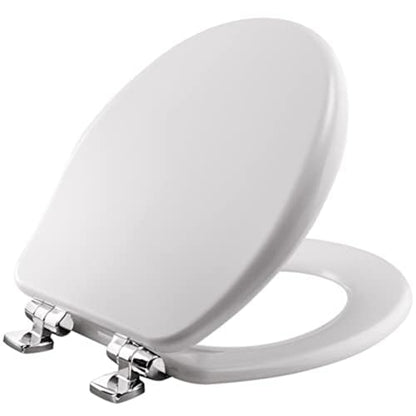 Bemis Alesio Slow Close Toilet Seat, Sleek Chrome Hinges and Adjustable Perfect Fit Wood Seat, Made in USA, Round, White - color: White & Chrome, size: Round