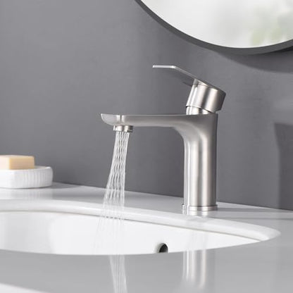 SUMERAIN Brushed Nickel Bathroom Sink Faucet Washbasin Faucet 304 Stainless Steel Single Hole Single Lever Handle | Unique Flow Pattern, Water-saving, Lead-Free, with Faucet Supply Lines, Easy DIY Install - color: Brushed Nickel