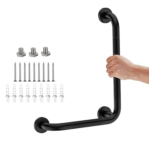 Black Angled Grab Bar 12x16 Inch, L-Shaped Grab Bars for Shower | Bathroom Grab Bar for Senior, Stainless Steel L Shower Handle, Anti-Slip Knurled Grip, Wall Mounted Handicap Bars for Toilet - color: Black, size: 12x16 inch