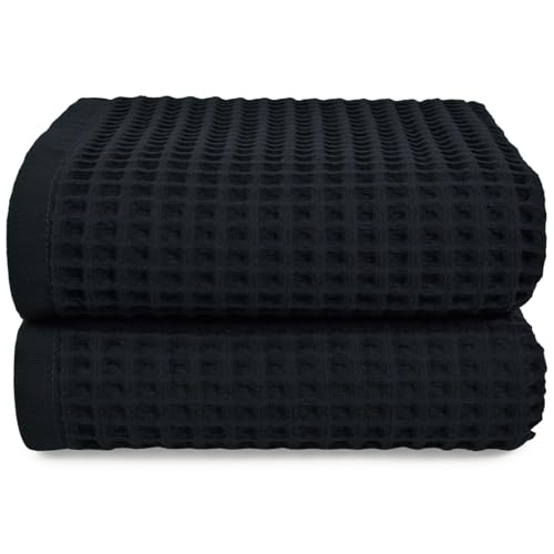 Jacquotha Waffle Bath Towel Set of 2 (Black) - Cotton, Thin, Low Lint | 31” x 62” Soft Bath Towels for Bathroom, Shower, Pool & Beach - color: Black