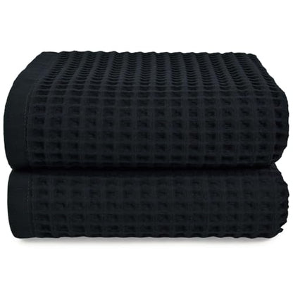 Jacquotha Waffle Bath Towel Set of 2 (Black) - Cotton, Thin, Low Lint | 31” x 62” Soft Bath Towels for Bathroom, Shower, Pool & Beach - color: Black