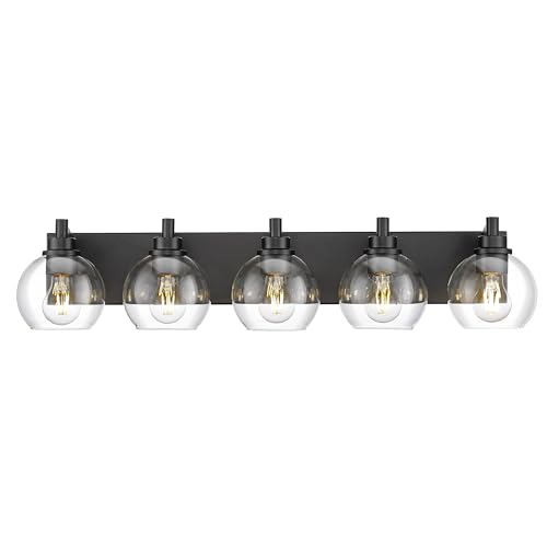 5-Light Matte Black Bathroom Vanity Light, Clear Glass Globe Shade | 32" modern bathroom light fixtures over mirror, E26 base, bulbs not included, VL195-MB-CL-5 - color: Black, Clear Glass, size: 5-light