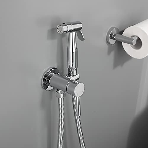 Chrome Handheld Bidet Sprayer for Toilet Warm Water, Stainless Steel | Polished Silver Bidet Hand Held Sprayer with Brass Hot and Cold Mixing Valve, 47 inches anti-leaking bidet shower hose - color: Chrome