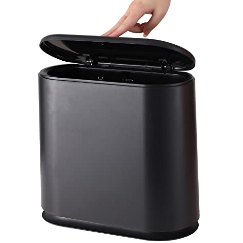 Black Slim Bathroom Trash Can with Press Top Lid,12 Liter Small Thin Garbage Can,3.17 Gallon Narrow Dog Proof Plastic Waste Basket and Covered Wastebasket for Room,Bedroom,Kitchen,Toilet,Office,Dorm - color: Black