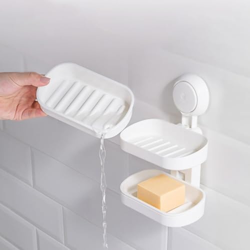 Double Layer Suction Cup Soap Dish Holder with Drainage for Bathroom Wall Mount, Detachable Soap Box Tray Suitable for Shower and Toilet Use