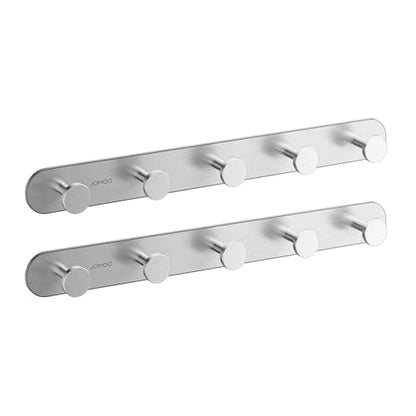 JOMOO Robe Hook, 2 Pack Adhesive Wall Hooks for Bathroom, Stainless Steel Towel Hooks with 5 Hooks Each, No Drill Shower Hooks Heavy Duty 11LBS, Brushed - color: Brushed