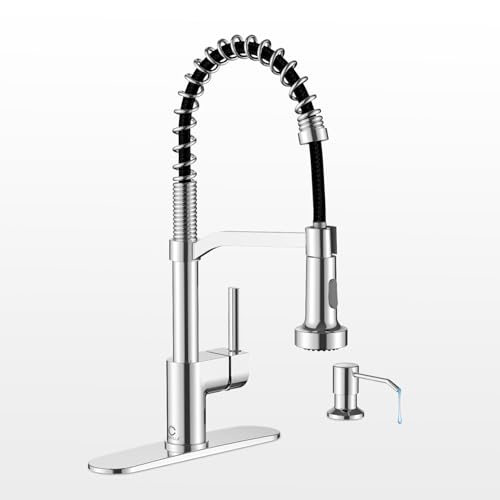 Chrome Kitchen Faucet with Soap Dispenser, Faucet for Kitchen Sink, Kitchen Sink Faucet with Deck Plate, RV Kitchen Faucet with Pull Down Sprayer and Dual Function Spray Head - color: D-Chrome Polished, style: Classic
