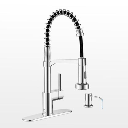 Chrome Kitchen Faucet with Soap Dispenser, Faucet for Kitchen Sink, Kitchen Sink Faucet with Deck Plate, RV Kitchen Faucet with Pull Down Sprayer and Dual Function Spray Head - color: D-Chrome Polished, style: Classic