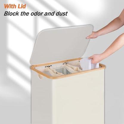 efluky Laundry Hamper with Lid, Trio Laundry Basket with 2 Removable Bags, 3 Section Laundry Bin with Bamboo Handles for Bathroom, Bedroom & Laundry Room, 160L (42.3 Gallon) Beige - color: Beige, size: 160L Trio