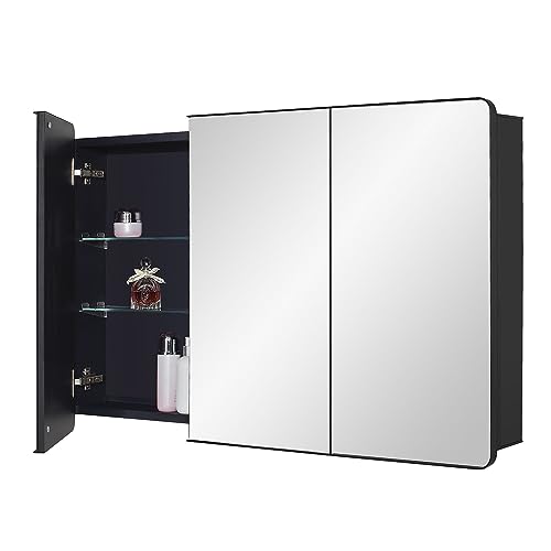 Black Bathroom Medicine Cabinet with Round Corner Framed Door, 40 x 25.5 inch, Recessed or Surface Mount, with Adjustable Glass Shelves - size: 40 x 25.5 inch