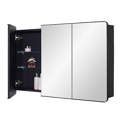 Black Bathroom Medicine Cabinet with Round Corner Framed Door, 40 x 25.5 inch, Recessed or Surface Mount, with Adjustable Glass Shelves - size: 40 x 25.5 inch