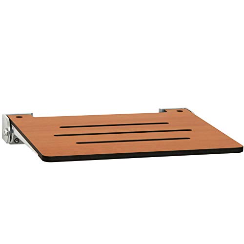Seachrome 18 inch Silhouette Slimline Folding Wall Mount Shower Bench Seat, Teak Seat with Silver Frame - color: Teak Seat With Silver Frame