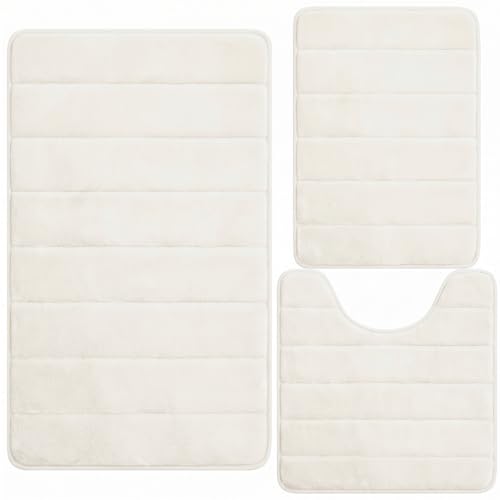 Bathroom Rugs Set 3 Piece, Memory Foam Bath Rugs, Non Slip Washable Bathroom Rug Set, Extra Soft Absorbent Bath Mats with U-Shaped Toilet Rug, White - color: White