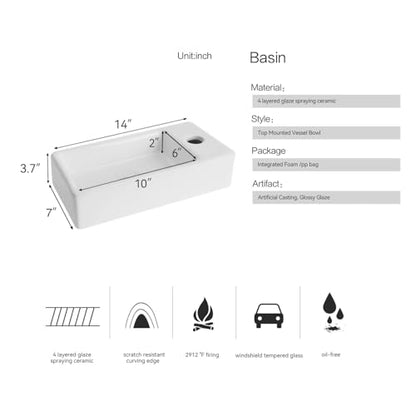 White Wall Mounted Ceramic Bathroom Sink, 14" x 7" Floating Vessel Sink | Rectangle, Black Faucet, Pop Up Drain, Ideal for Small Bathroom, Right Hand - size: 13.8''x6.8''