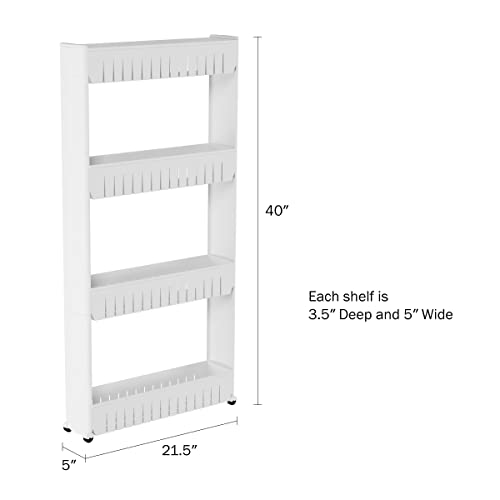 Lavish Home 4-Tier Storage Organizer Rack, White, 21.5” x 5” x 40” | Plastic Rolling Cart for Office, Dorm, Bedroom, Bathroom, and Laundry Room Organizing - size: 4-Tier