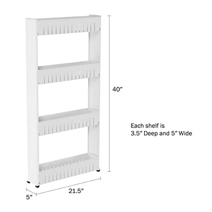Lavish Home 4-Tier Storage Organizer Rack, White, 21.5” x 5” x 40” | Plastic Rolling Cart for Office, Dorm, Bedroom, Bathroom, and Laundry Room Organizing - size: 4-Tier
