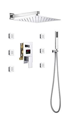 Cascada Digital 12” Wall Mounted Shower System with Single Handle & LCD Display, 3 Functions (Rainfall, Body jets & Handheld) (Matt Black) - color: Matt Black