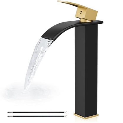 Airuida Vessel Sink Faucet, Black&Gold Tall Waterfall Bathroom Faucet | Single Handle,Tall Bathroom Faucet 1 Hole,Vanity Faucet,without Drain,Bowl Bathroom Faucet - color: Matte Black&Brushed Gold