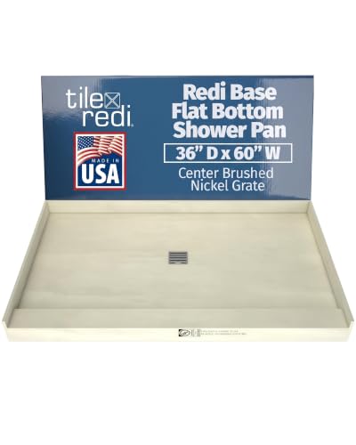 36x60 Shower Pan, Single Curb, Brushed Nickel Square Grate | Leak-Proof, Flat-Bottom, Tileable Shower Base Pan, Pre-Pitched with Integrated Drain and Splash Walls for Bathroom Remodels - color: Center Drain, Single Curb, Brushed Nickel
