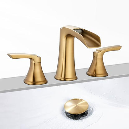 Brushed Gold Waterfall Bathroom Faucet, Sanliv 3-Piece Widespread Bathroom Sink Faucets, 2-Handle Vanity Faucet for 3-Hole Sinks 4-8 Inch with Pop-Up Drain, Brushed Gold - color: Brushed Gold