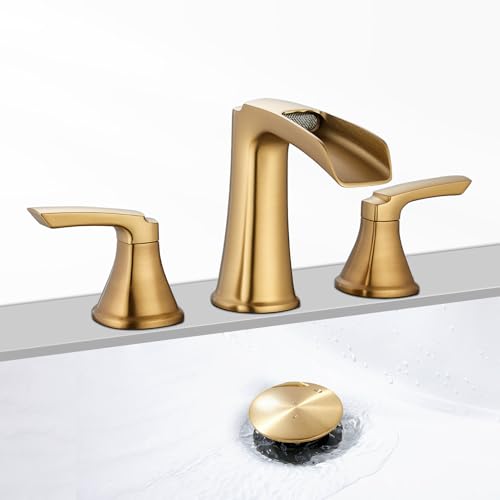 Brushed Gold Waterfall Bathroom Faucet, Sanliv 3-Piece Widespread Bathroom Sink Faucets, 2-Handle Vanity Faucet for 3-Hole Sinks 4-8 Inch with Pop-Up Drain, Brushed Gold - color: Brushed Gold