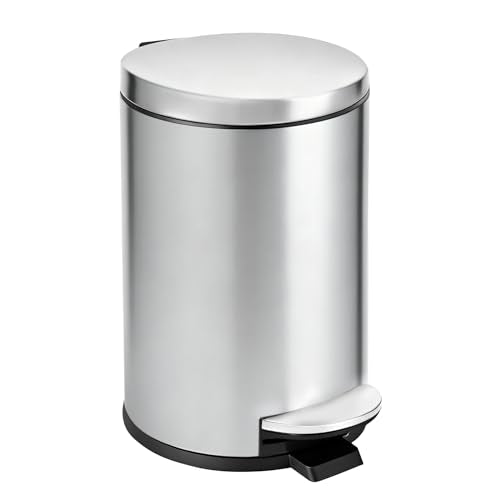 TIPGO Small Bathroom Trash Can with Lid Soft Close, 1.2 Gal, Silver | Hands-Free Step Pedal, Removable Inner Bucket, 4.5 Liters, Round Stainless Steel Garbage Can for Bedroom, Office, Kitchen - color: Silver