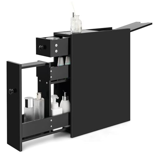 Tangkula Slim Bathroom Cabinet, Free-Standing Storage Cabinet with Slide Out Drawers, Narrow Floor Home Organizer Next to Toilet, Bathroom Toilet Paper Holder, 19 x 6.5 x 23 Inch (Black) - color: Black
