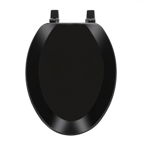 PowerSellerUSA Wood Elongated Toilet Seat, Adjustable Hinges Toilet Seats with Non Slip Grip Tight Bumpers, Oval Shape Heavy Duty Wooden Bathroom Toilet Seat Close Lid Set, Black - color: Black - Wood, size: 19" Elongated