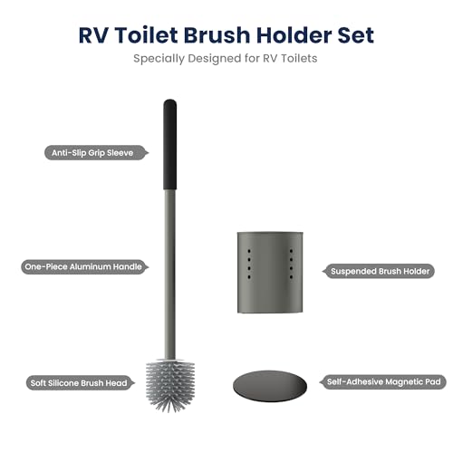 RV Toilet Brush and Holder Set, Silicone Toilet Cleaner with Magnetic Base | Soft Silicone Brush Head, One-Piece Aluminum Handle, Magnetic Floor Mount, Built-In Ventilation, Keeps Brush Head Elevated