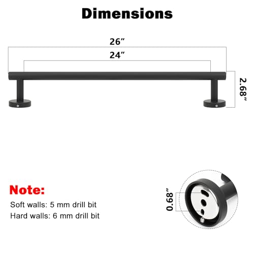 NearMoon Bath Towel Bar, Thicken Stainless Steel Shower Towel Rack Holder Wall Mounted for Bathroom, 26-lnch Overall Length-24-lnch Usable Hanging Space (1 Pack, Matte Black) - color: Matte Black, size: 26 Inch