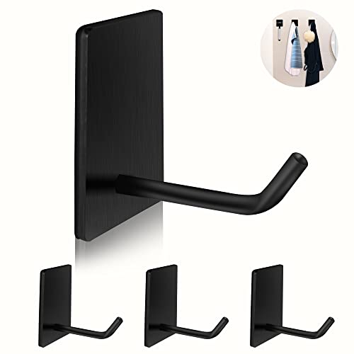 Adhesive Hooks Heavy Duty, Long Stainless Steel Self Adhesive Wall Hook, Sticky Towel Hangers for Kitchen Bathroom, Waterproof Stick on Door Hooks for Hanging Key Hat Coat 4Pack(Black) | Drill-free sticky hangers for kitchen, bathroom & door; hang towel,
