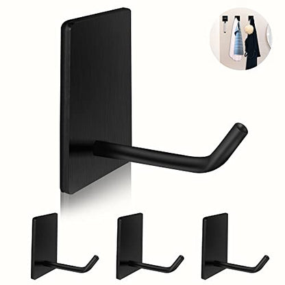 Adhesive Hooks Heavy Duty, Long Stainless Steel Self Adhesive Wall Hook, Sticky Towel Hangers for Kitchen Bathroom, Waterproof Stick on Door Hooks for Hanging Key Hat Coat 4Pack(Black) | Drill-free sticky hangers for kitchen, bathroom & door; hang towel,