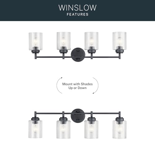 Kichler Winslow 4-Light Farmhouse Vanity Light, Black | Clear seeded glass vanity light with industrial styling (30" x 9.25" x 6.5"), 45887BK - color: Black, size: 30"
