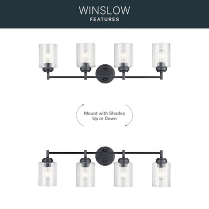 Kichler Winslow 4-Light Farmhouse Vanity Light, Black | Clear seeded glass vanity light with industrial styling (30" x 9.25" x 6.5"), 45887BK - color: Black, size: 30"