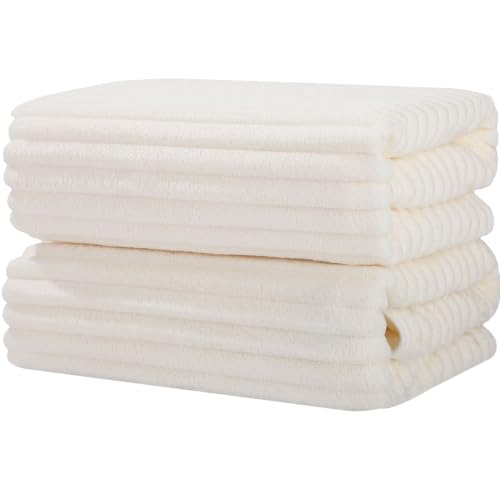 Bath Towels 2-Pack, 27.5x55 Inches - Ultra Soft and Highly Absorbent Quick Dry Microfiber Towels with Hanging Loop, Beauty Twill Stripe Design for Bath, Beach, Gym - color: 2white
