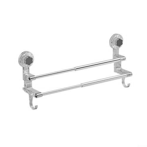 Adjustable Suction Cup Towel Bar, 19-31 Inch Double Towel Rack for Shower Bathroom, No Drill Removable Wall Mount Holder for Tiles Glass Mirror, Strong Grip Stainless Steel and PC(Gray)