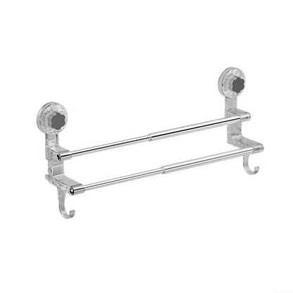 Adjustable Suction Cup Towel Bar, 19-31 Inch Double Towel Rack for Shower Bathroom, No Drill Removable Wall Mount Holder for Tiles Glass Mirror, Strong Grip Stainless Steel and PC(Gray)