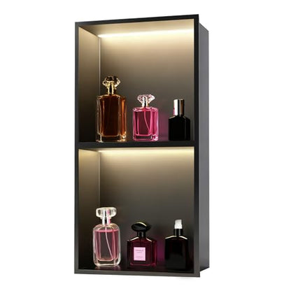 LED Shower Niche, No Tile Needed Niche, 24" X 12", Matte Black | Durable 304 Stainless Steel for Lifelong Use, 3000K Warm Led Lights, Waterproof&Leak-proof, 2 Tiers for Bathroom Storage