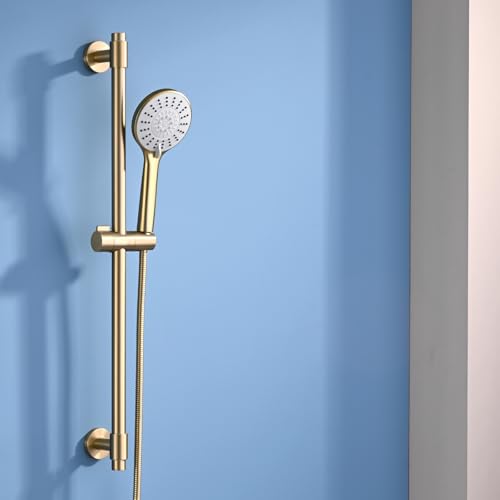 Adjustable 30-Inch Shower Slide Bar with 5-Function Handheld Shower Head, Stainless Steel Wall Mount Shower Slide Bar Set with Extra Hose (Brushed Gold) - color: Brushed Gold