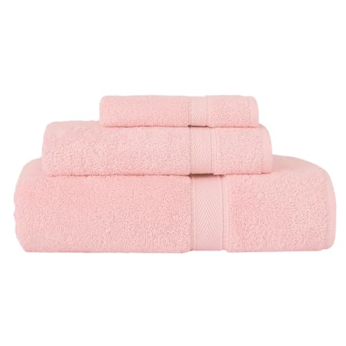 Supreme Terry 3-Piece 100% Turkish Cotton Towel Set, Hotel Quality Soft & Absorbent, 1 Luxury Bath Towel 1 Hand Towel 1 Washcloth-Pink - color: Pink, size: 3 Pcs Set