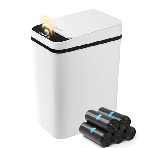 FRESHLIX Bathroom Garbage Can with Lid, 2.6 Gallon Diaper Trash Can, Automatic Trash Cans Touchless, Slim Waterproof Smart Commercial Trash Can for Bedroom, Bathroom, Office, Living Room, Toilet, RV - color: A-Basic Battery Supply-White, size: 1 Pack(2.6