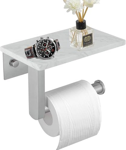 BWE Brushed Nickel Toilet Paper Holder with Marble Shelf Wall Mounted | Toilet Paper Roll Holder with Phone Shelf 304 Stainless Steel Tissue Holder for Bathroom Washroom,Saving Space - color: Brushed Nickel
