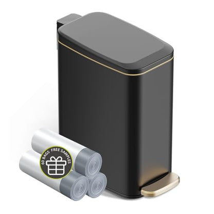 KSSKSS Small Bathroom Trash Can with Lid Soft Close, Step Pedal, 6L / 1.6 Gal Stainless Steel Garbage Bin with Removable Inner Bucket, Slim Wastebasket for Narrow Spaces (Black) - color: Black--P