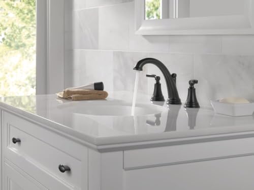 Delta Woodhurst Matte Black Bathroom Faucet 3 Hole, 8 Inch Widespread Bathroom Sink Faucet for Vanity, Metal Push-Pop Drain Assembly, Matte Black 3532LF-BLMPU - color: Matte Black