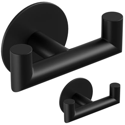 GWAAZXGZ 2 Pack Black Bathroom Hooks for Towels, Robes, Coats, Shower Use | Self-Adhesive, Stainless Steel, Rust Resistant, Double hooks, Easy Install, Space Saving - color: Black