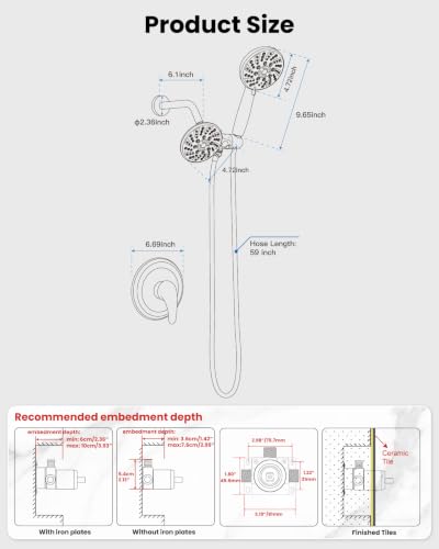 gotonovo Dual Shower Head Kit with Valve 6 Mode Handheld Polished Chrome | 6 Mode ABS Rain Head 6 Mode ABS Handheld Spray 2 in 1 Bathroom Trim Kit Pressure Balance Valve Shower Head and Handle Set - color: Chrome